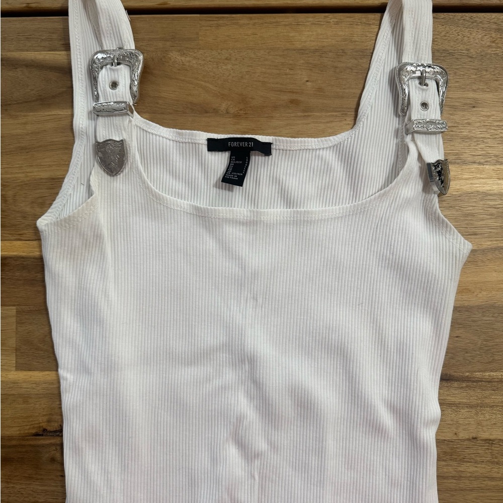 Forever 21 White Tank Top with Silver Buckles